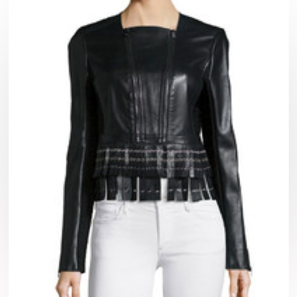 Herve Leger Medium Black Jianna Leather Fringe Zip Up Moto Jacket